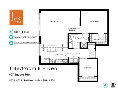 Floor plan for 1 bed, 1 bath, 907 sqft